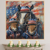 Mother Horse and Three Foals in Patriotic Outfits and Hats with American Flag Theme Against Colorful Abstract Background on Ready to Hang 1.5" Thick Canvas Wrap, Floating Framed Canvas, Flat Rolled Canvas